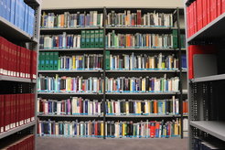View of the books from the archive surrounded by printed journal volumes.