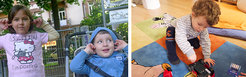 Child beside another child in a stroller; toddler plays on rug.