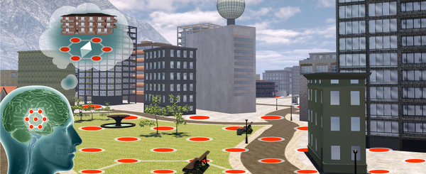 Department of Psychology Image shows several high-rise buildings next to a path and a grass area. Several red dots are mapped out on the green and concrete areas. A silhouette of a human and brain with a thought bubble shows a thought process.
