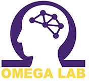 Omega Lab Logo, violetter Kopf mit neuronalen Verbindungen.